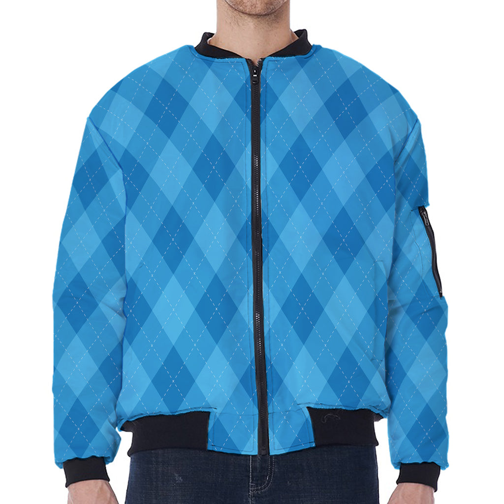 Ocean Blue Argyle Pattern Print Zip Sleeve Bomber Jacket