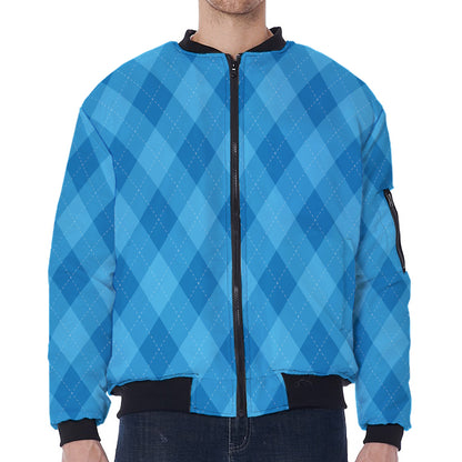 Ocean Blue Argyle Pattern Print Zip Sleeve Bomber Jacket