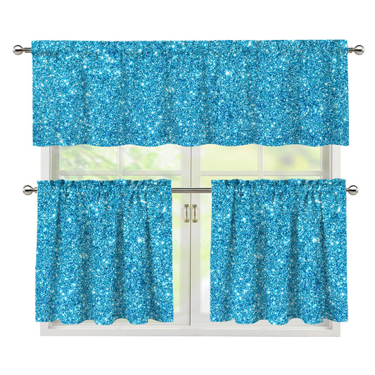 Ocean Blue (NOT Real) Glitter Print 3 Piece Kitchen Curtains