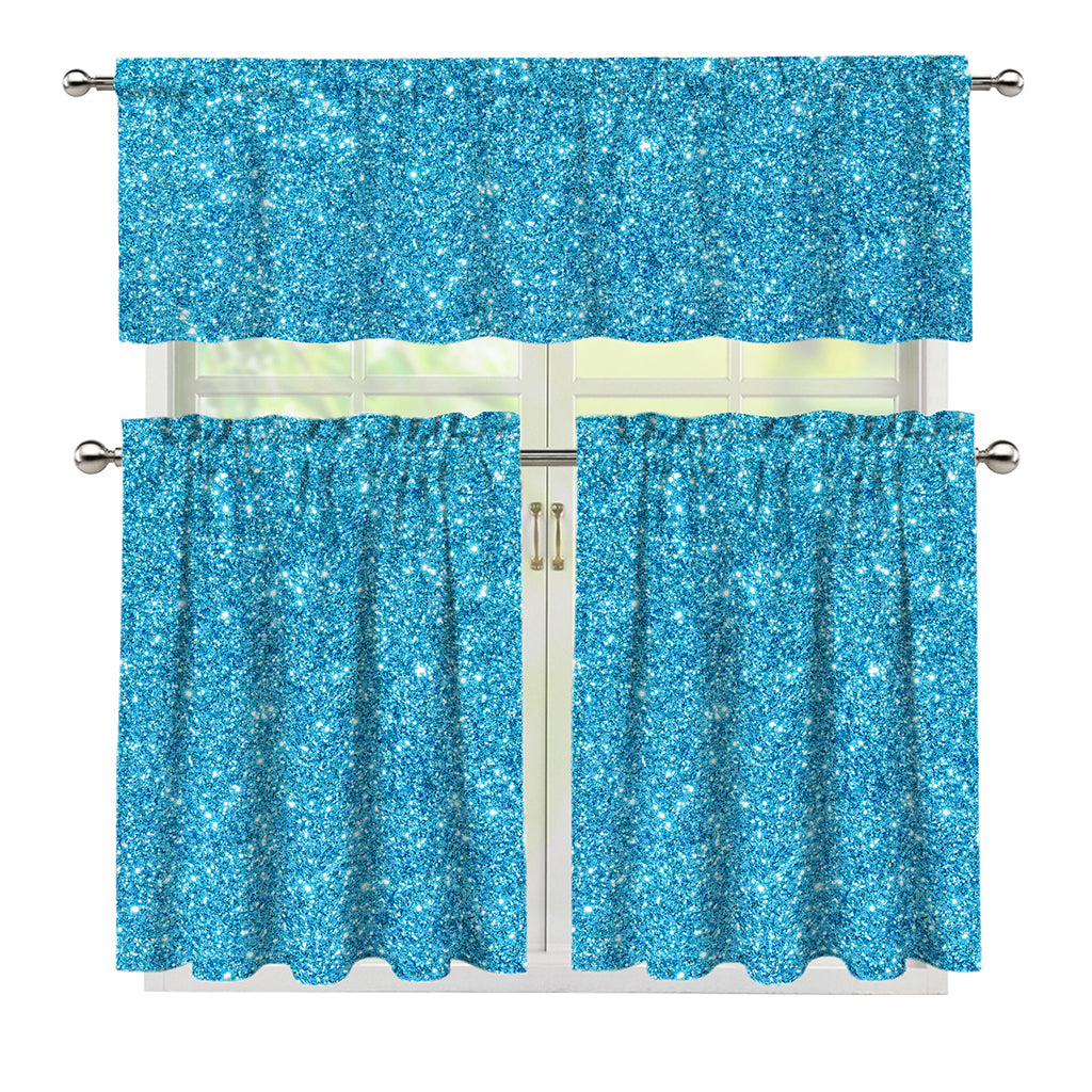 Ocean Blue (NOT Real) Glitter Print 3 Piece Kitchen Curtains