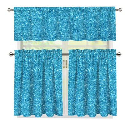 Ocean Blue (NOT Real) Glitter Print 3 Piece Kitchen Curtains