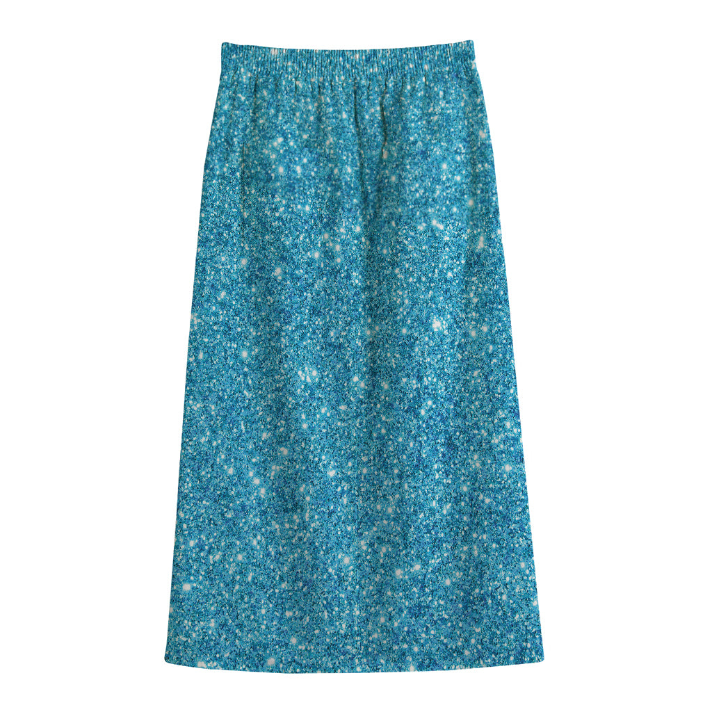 Ocean Blue (NOT Real) Glitter Print Cotton Front Slit Maxi Skirt