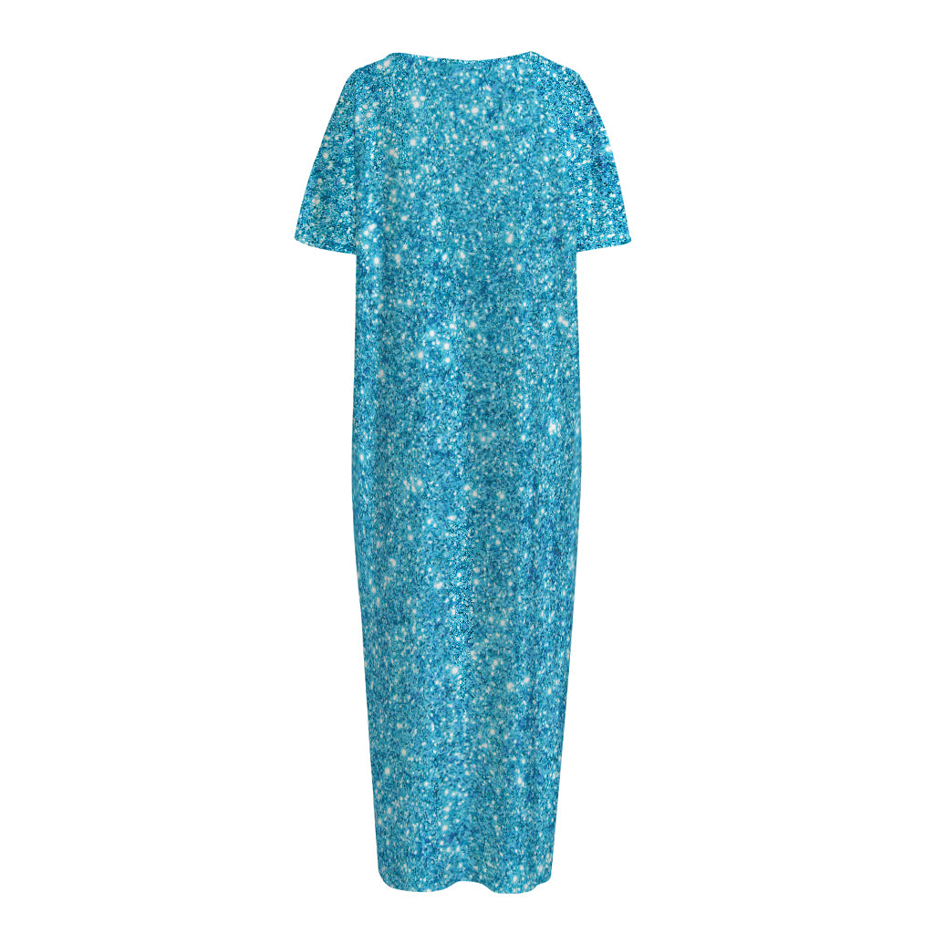 Ocean Blue (NOT Real) Glitter Print Short Sleeve Long Nightdress