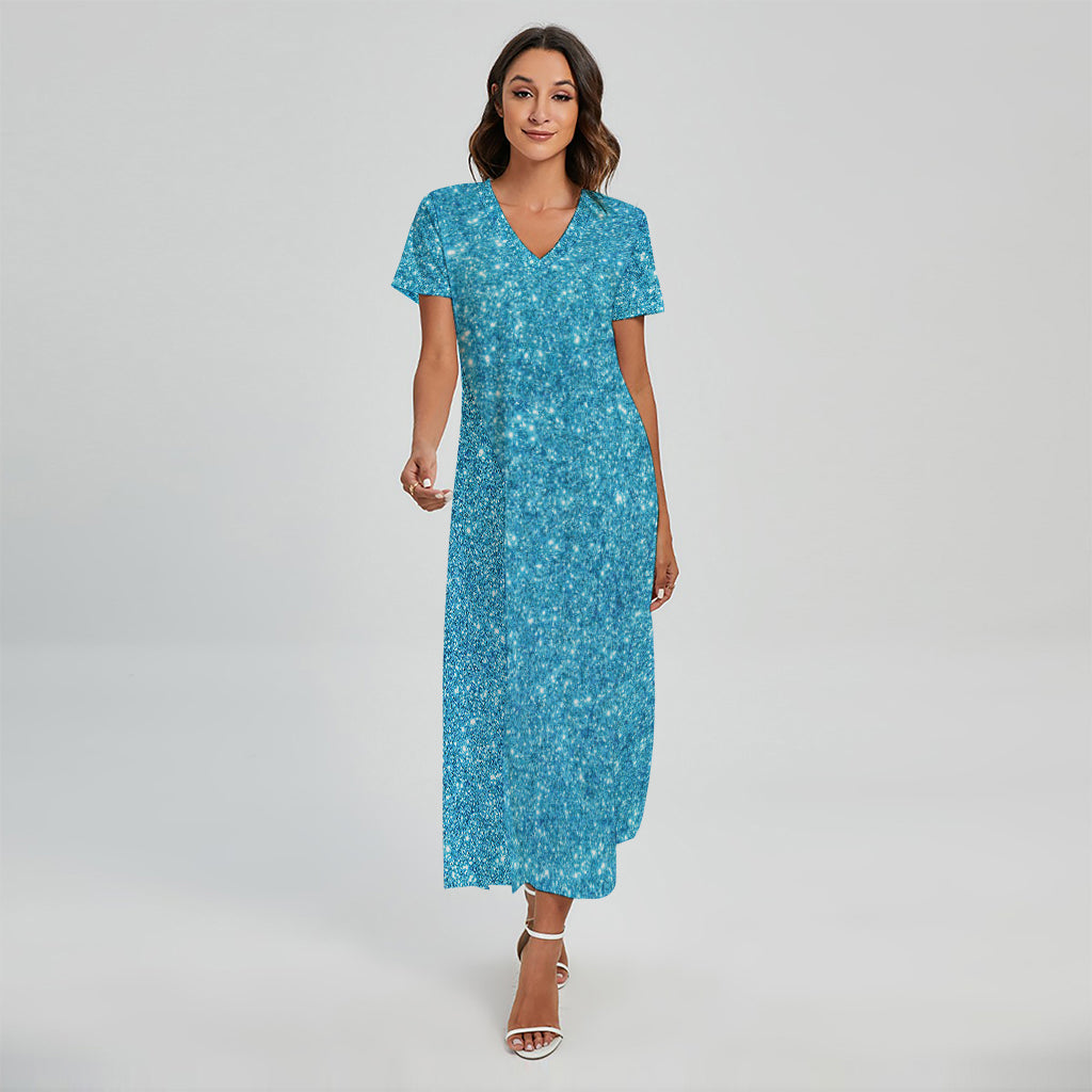 Ocean Blue (NOT Real) Glitter Print Short Sleeve Maxi Dress
