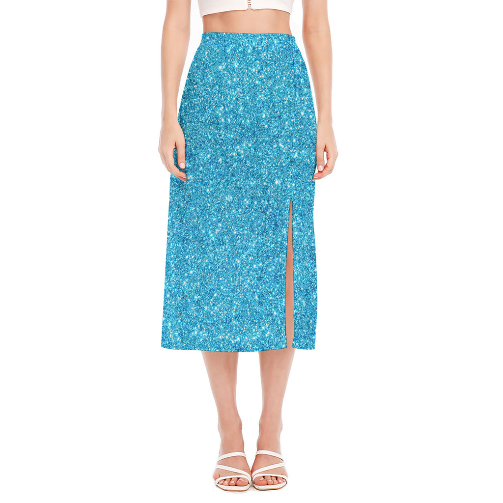 Ocean Blue (NOT Real) Glitter Print Side Slit Midi Skirt