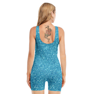 Ocean Blue (NOT Real) Glitter Print Sleeveless One Piece Swimsuit