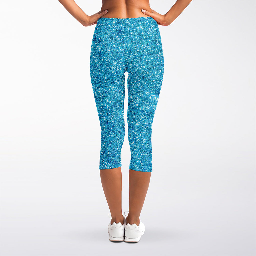 Ocean Blue (NOT Real) Glitter Print Women's Capri Leggings