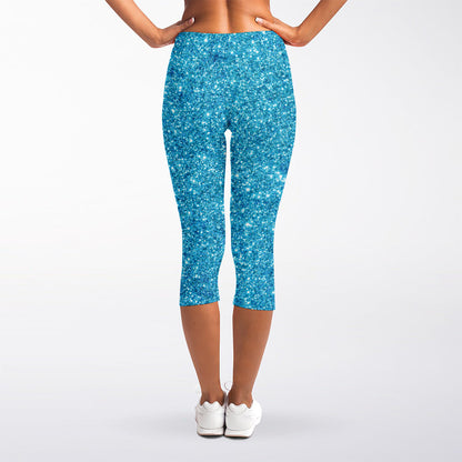 Ocean Blue (NOT Real) Glitter Print Women's Capri Leggings