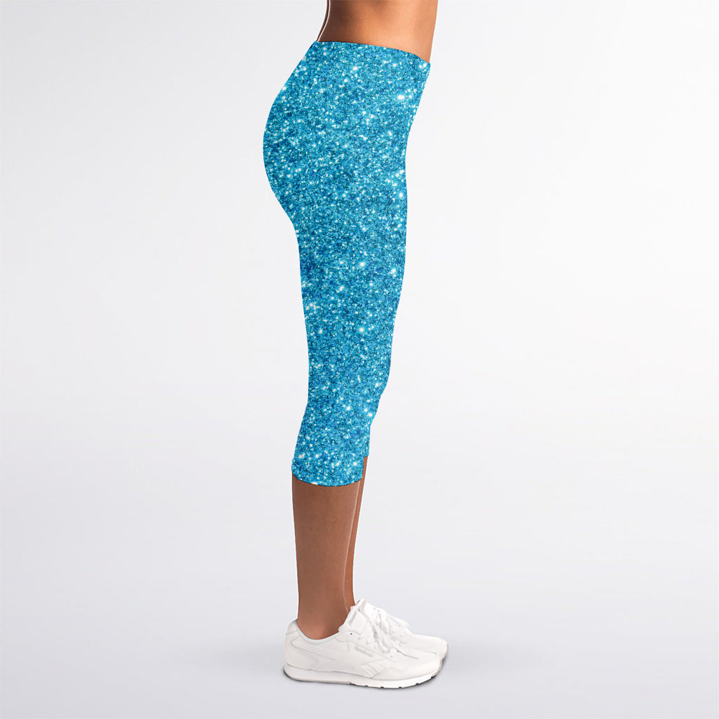 Ocean Blue (NOT Real) Glitter Print Women's Capri Leggings