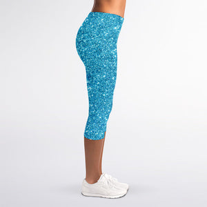 Ocean Blue (NOT Real) Glitter Print Women's Capri Leggings