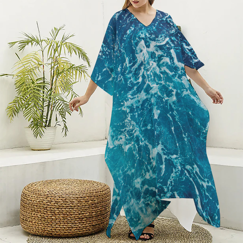 Ocean Surface Print Silk V-Neck Kaftan Dress