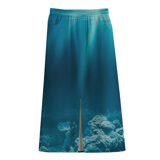 Ocean Underwater Print Cotton Front Slit Maxi Skirt