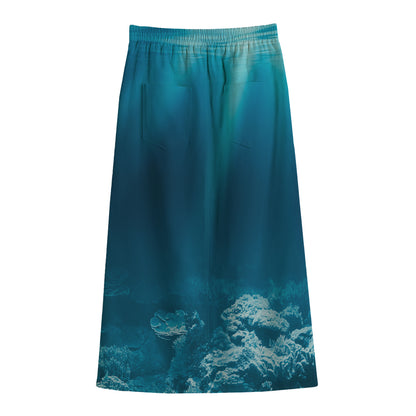 Ocean Underwater Print Cotton Front Slit Maxi Skirt