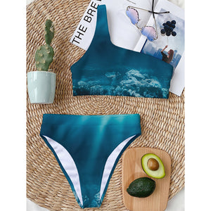 Ocean Underwater Print One Shoulder Bikini Top