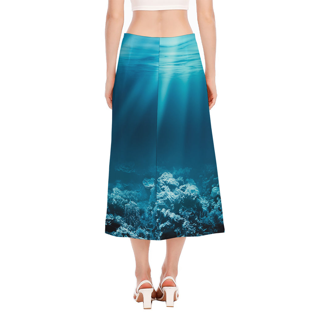 Ocean Underwater Print Side Slit Midi Skirt