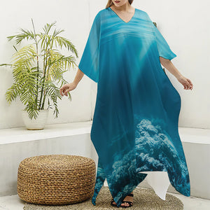 Ocean Underwater Print Silk V-Neck Kaftan Dress