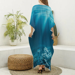 Ocean Underwater Print Silk V-Neck Kaftan Dress