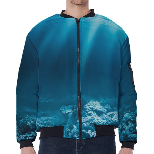 Ocean Underwater Print Zip Sleeve Bomber Jacket