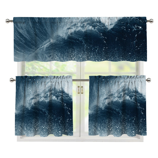 Ocean Wave Print 3 Piece Kitchen Curtains