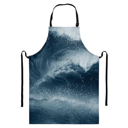 Ocean Wave Print Bib Apron With Pocket