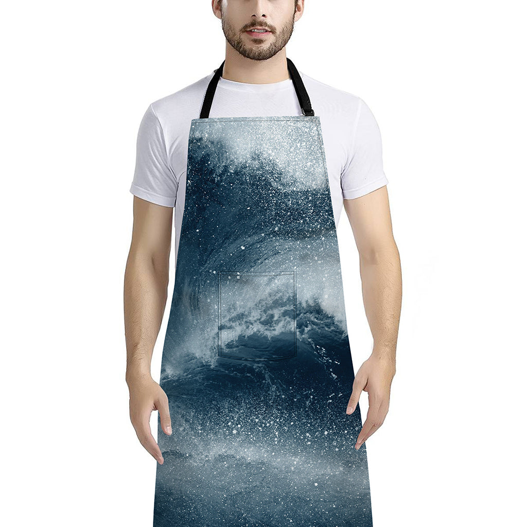 Ocean Wave Print Bib Apron With Pocket
