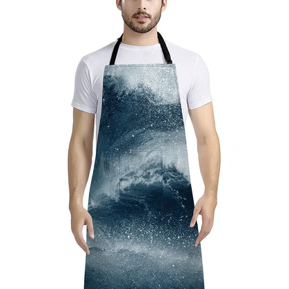 Ocean Wave Print Bib Apron With Pocket