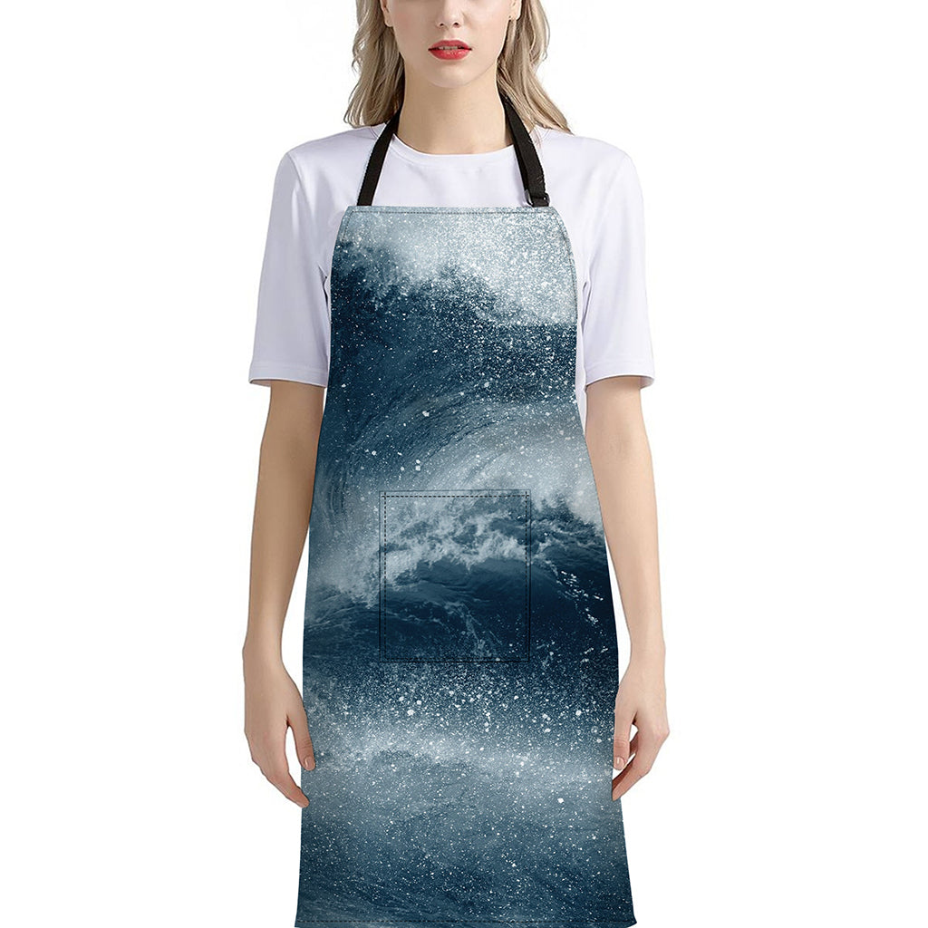 Ocean Wave Print Bib Apron With Pocket