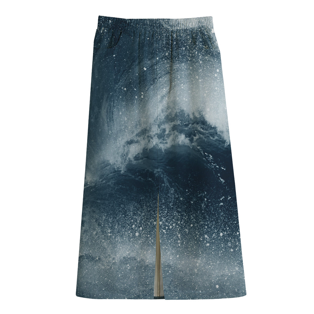Ocean Wave Print Cotton Front Slit Maxi Skirt