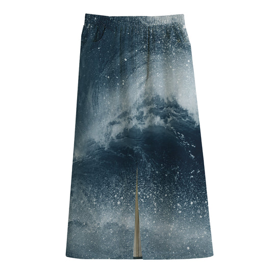 Ocean Wave Print Cotton Front Slit Maxi Skirt