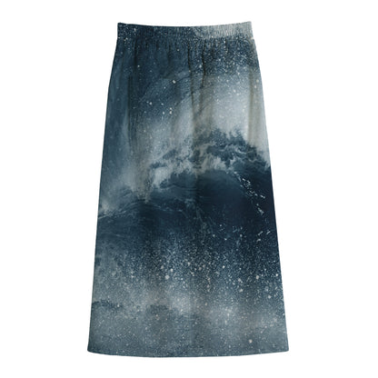 Ocean Wave Print Cotton Front Slit Maxi Skirt
