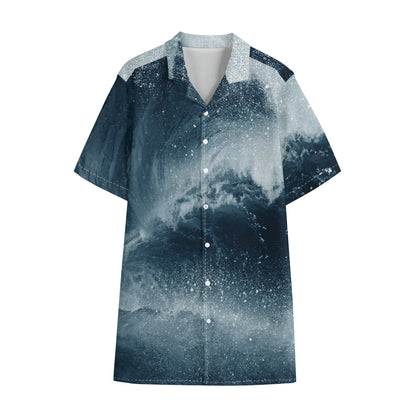 Ocean Wave Print Cotton Hawaiian Shirt