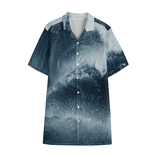 Ocean Wave Print Cotton Hawaiian Shirt