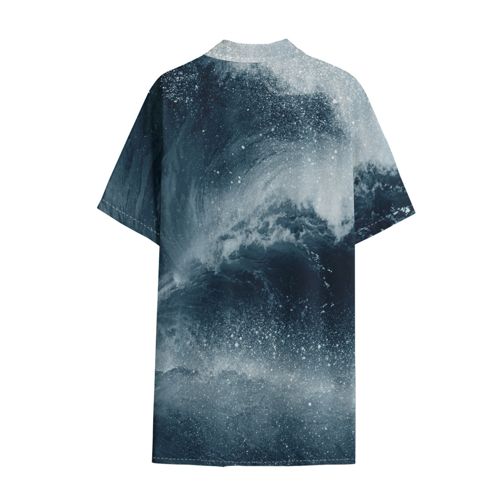 Ocean Wave Print Cotton Hawaiian Shirt
