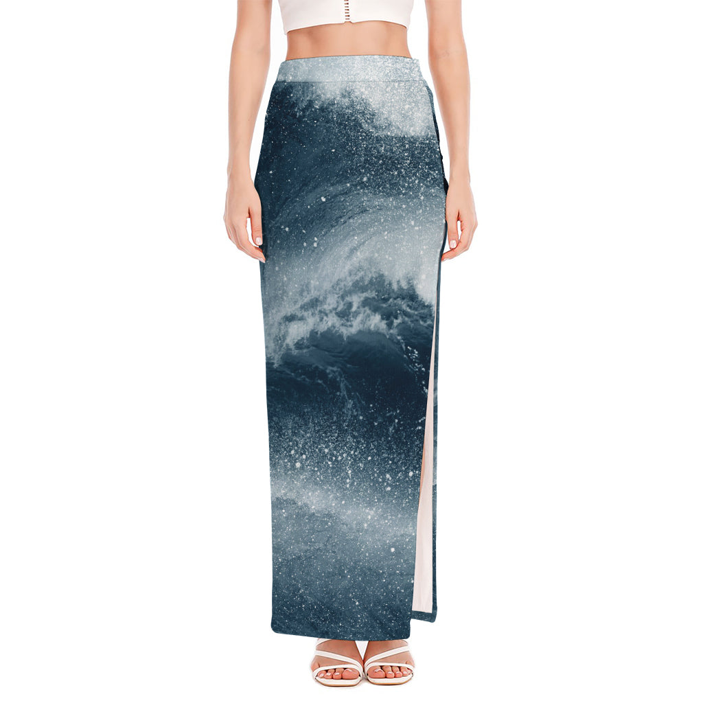 Ocean Wave Print High Slit Maxi Skirt