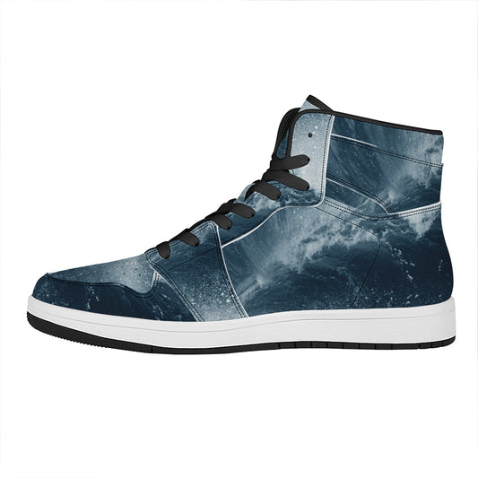 Ocean Wave Print High Top Leather Sneakers
