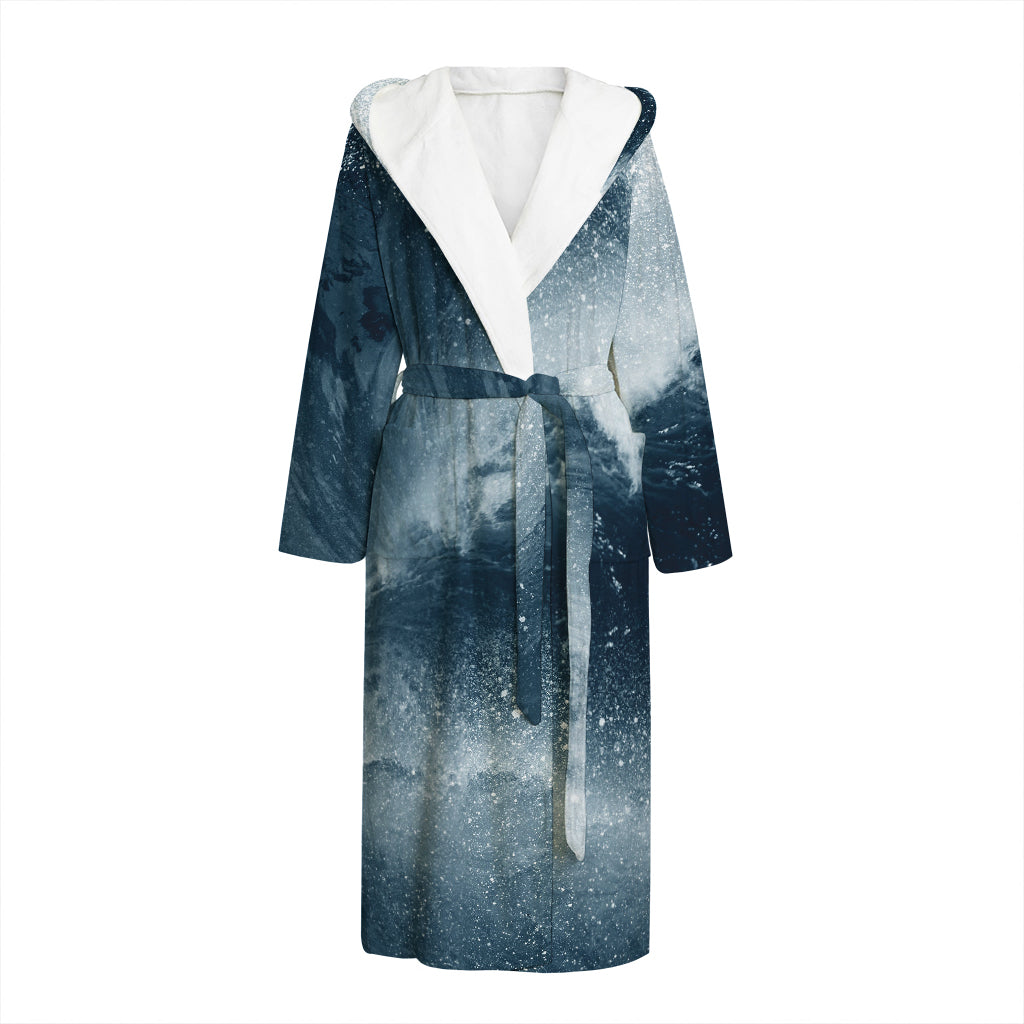 Ocean Wave Print Hooded Bathrobe