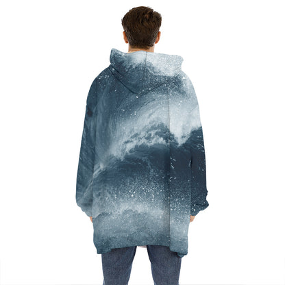 Ocean Wave Print Hoodie Blanket