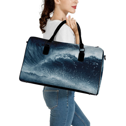 Ocean Wave Print Leather Duffle Bag