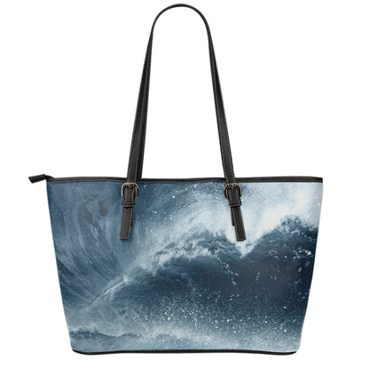 Ocean Wave Print Leather Tote Bag