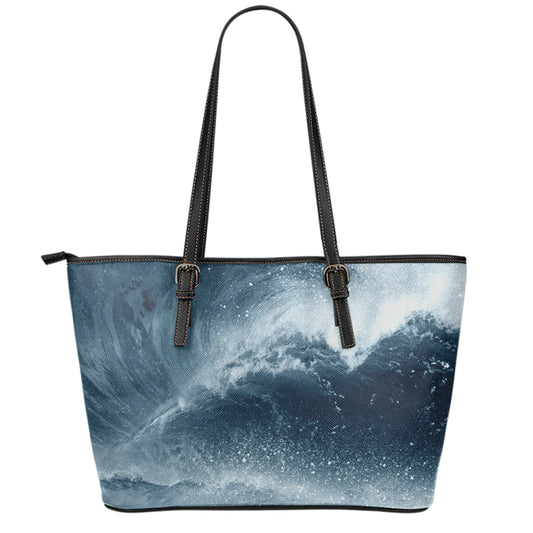 Ocean Wave Print Leather Tote Bag
