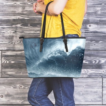 Ocean Wave Print Leather Tote Bag