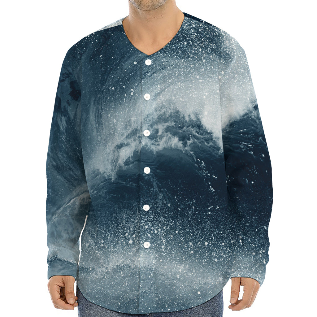 Ocean Wave Print Long Sleeve Baseball Jersey