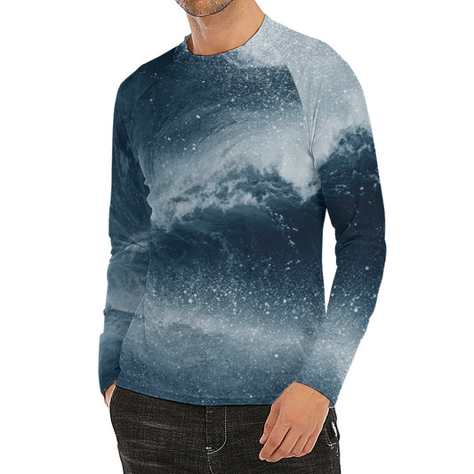 Ocean Wave Print Men's Long Sleeve Rash Guard