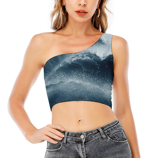 Ocean Wave Print One Shoulder Crop Top