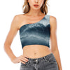 Ocean Wave Print One Shoulder Crop Top