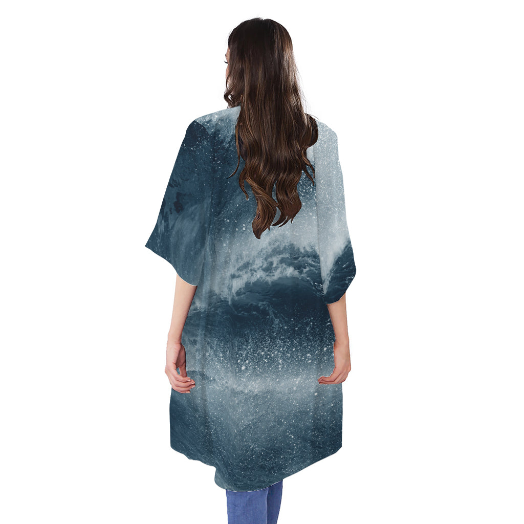 Ocean Wave Print Open Front Beach Cover Up