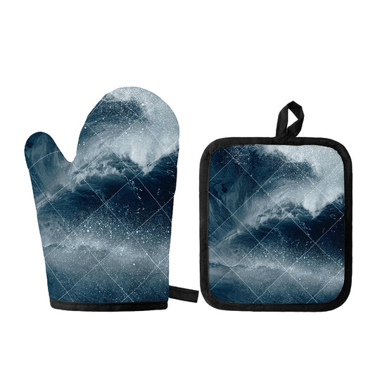 Ocean Wave Print Oven Mitt And Pot Holder Set