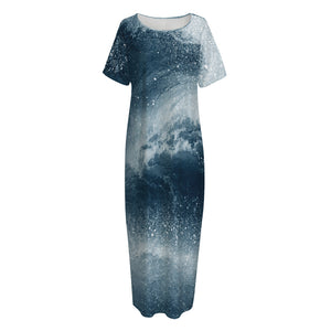 Ocean Wave Print Short Sleeve Long Nightdress