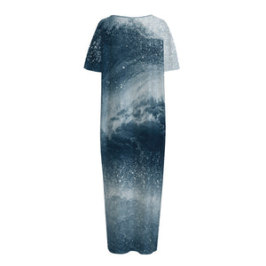 Ocean Wave Print Short Sleeve Long Nightdress