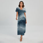 Ocean Wave Print Short Sleeve Maxi Dress